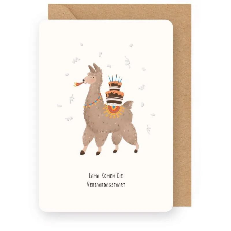 Wenskaart – Little Stories LAMA KOMEN DIE VERJAARDAGSTAART